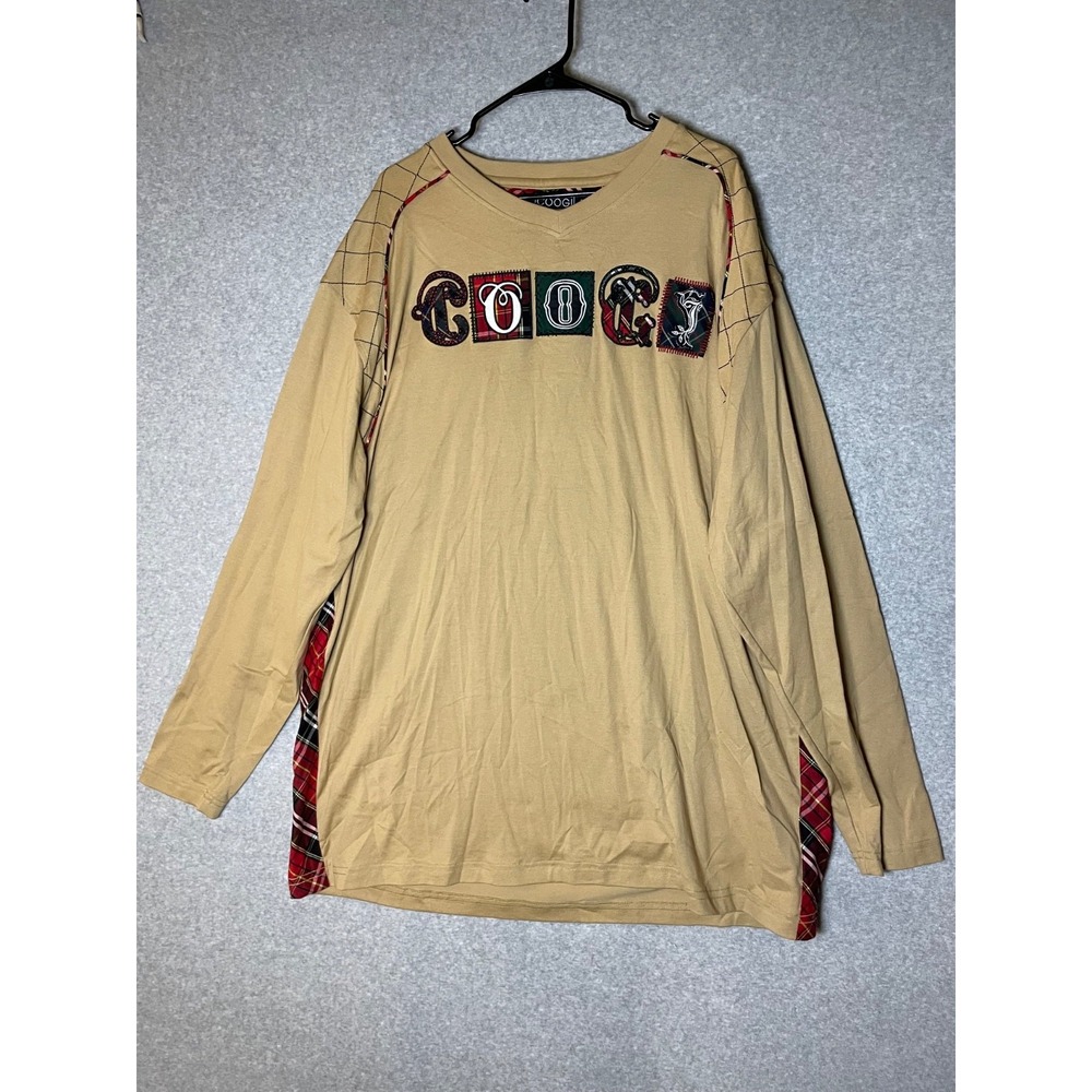 Coogi Shirt Mens 4XL Tan Red Tartan Plaid Trim Spell Out Logo Y2K Embroidered
